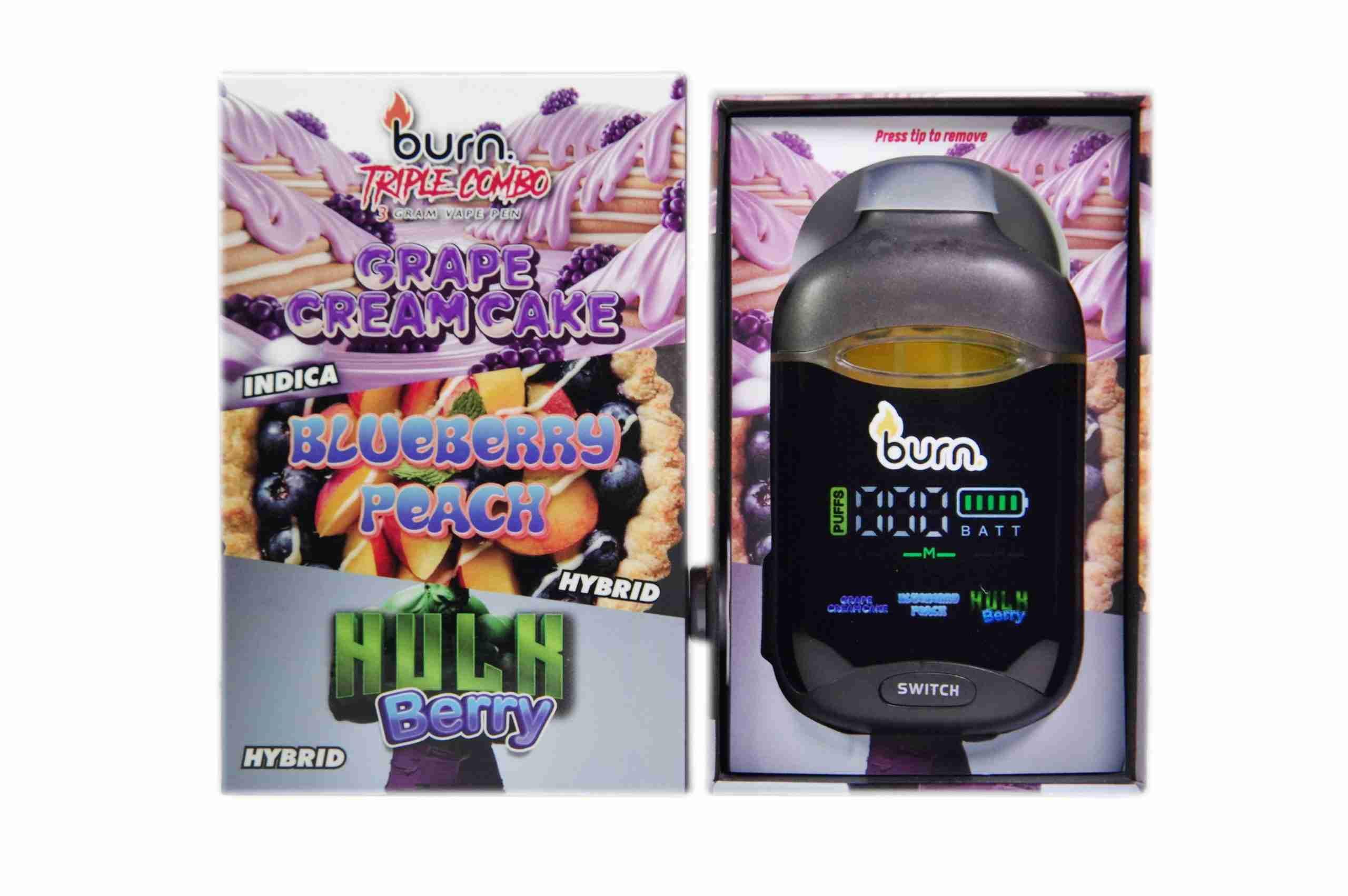 Burn Triple Combo (3 x 1 Gram) - Grape Cream Cake + Blueberry Peach + Hulk Berry